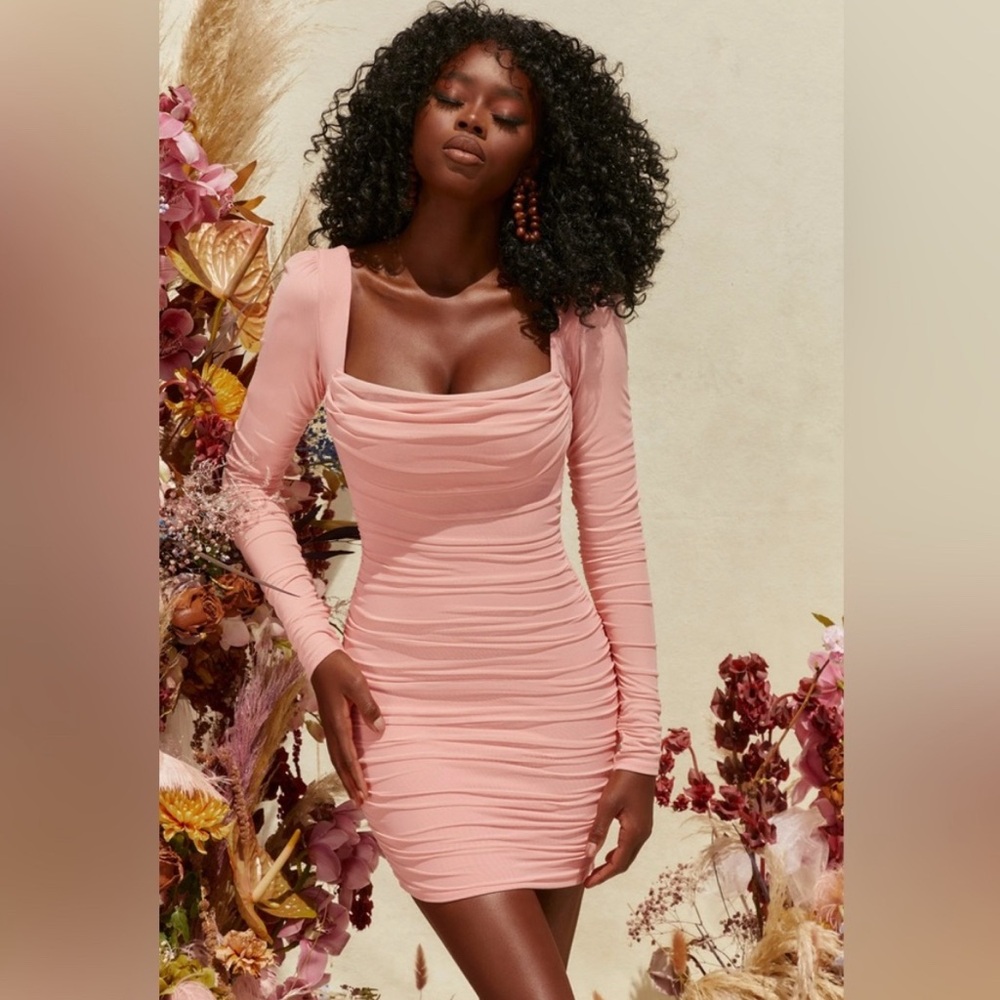 Oh Polly Blush Long Sleeve Ruched Dress